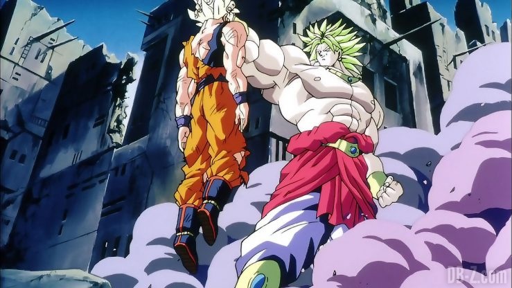 Broly tient Goku dans sa main