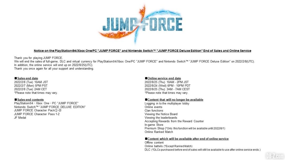 Planning arret jump force