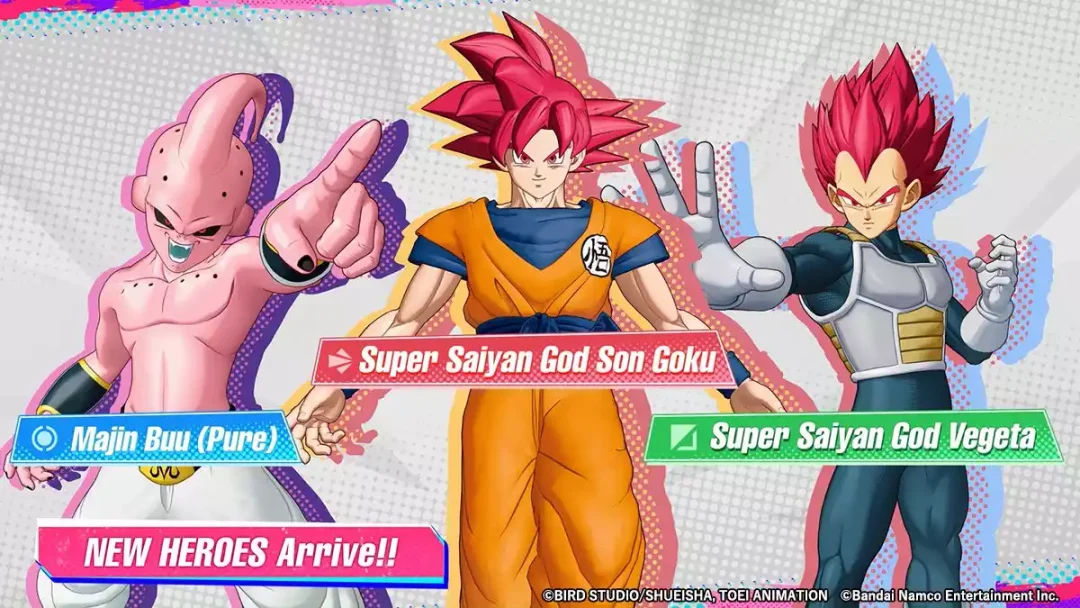 Goku Super Saiyan God, Vegeta Super Saiyan God et Majin Buu (pur)